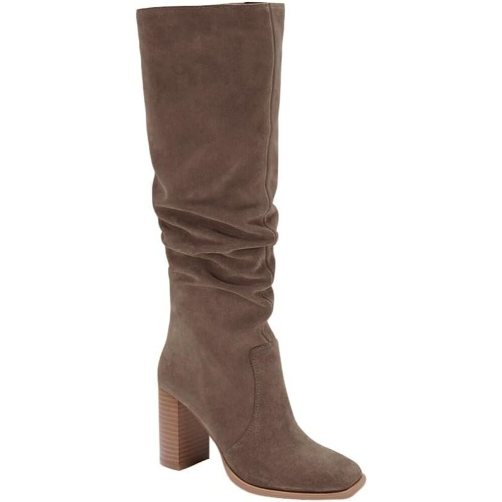 Women's Coffee Chunky High Heel Square Zipper Wide Calf Knee High Boots